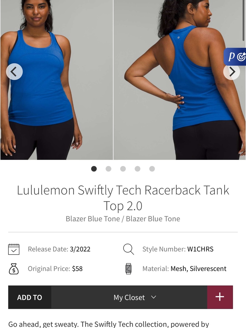 lululemon swiftly tech Racerback Tank 2.0 in Blazer Blue